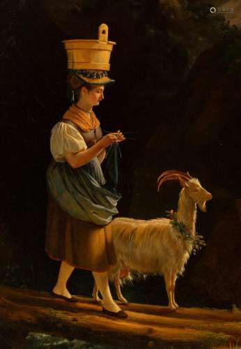 Edouard Henri Pingret (1788-1869), a knitting woman crossing...