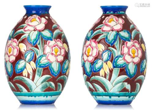 A pair of vases by Charles Catteau (1880-1966), with floral ...