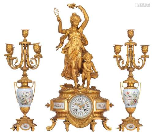 A fine Neoclassical three-piece clock garniture, ormolu bron...