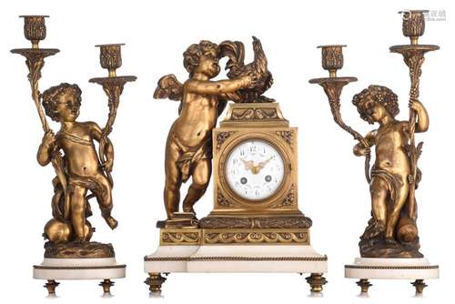 A gilt bronze and Carrara marble three-piece clock garniture...