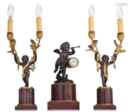 A fine Empire three-piece clock garniture, patinated and gil...