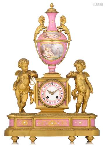 A fine French gilt bronze mantle clock, with rose pompadour ...