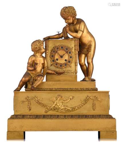 A large French Restauration style gilt bronze mantle clock, ...