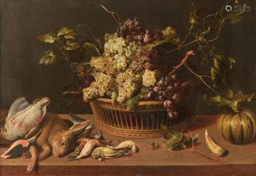 Still life with fruit, birds and a hare, 17th/18thC, oil on ...