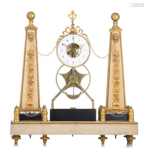 A fine Louis XVI obelisk portico architecture skeleton clock...