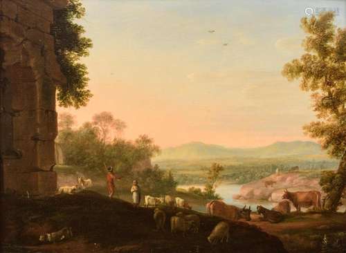 Follower of Claude Lorrain, landscape with a shepherd and hi...