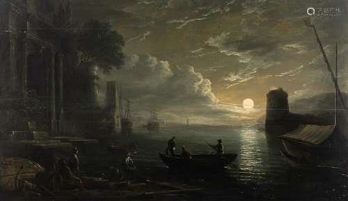 A moonlight marine view with embarking boats near a harbour,...