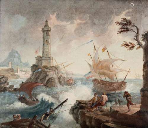 Storm near the harbour, 18thC, oil on canvas, 65 x 75 cm