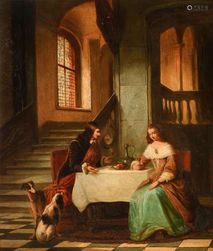 Frans Wens, a gallant couple in a 17thC interior, 19thC, oil...