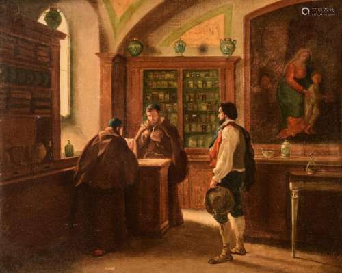 A. Barbier Lelieux, scene in a pharmacy store, 19thC, oil on...