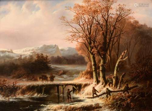 Cornelis Kimmel (1804-1877), Lumberjacks in a winter forest ...