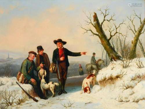Louis Somers (1813-1880), hunters in the snow, oil on panel,...