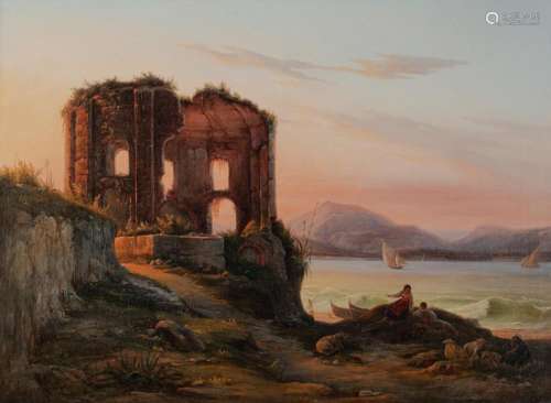 A. De Laguy, an Italian landscape with sunset and Antique ru...