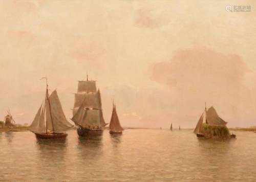 Arthur Bouvier (1837-1921), boats on the Scheldt, oil on can...