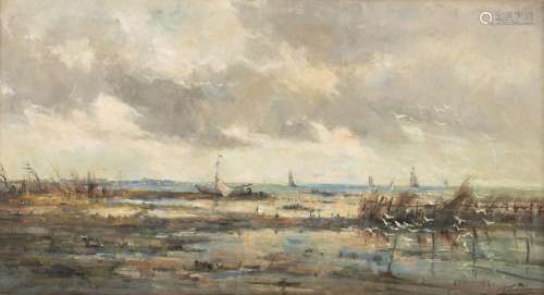 Frans Vandamme (1858-1925), fishing boats near the shore, oi...