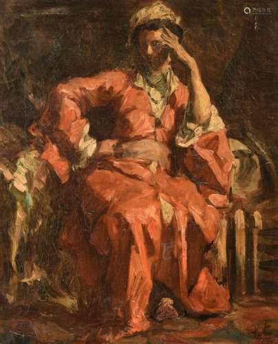 Edouard Agneessens (1842-1885), a girl sitting in an interio...