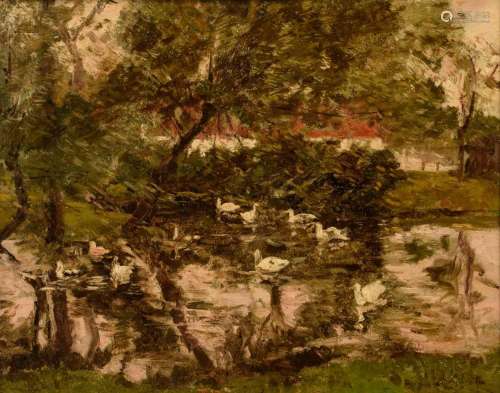Amedée de Greef (1878-1969), swans on the pond, oil on canva...