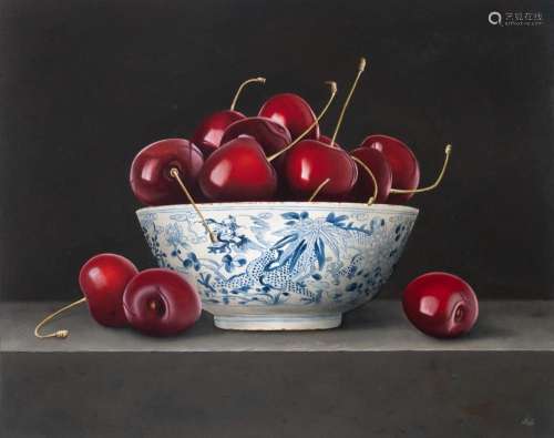 Ignace Bauwens, cherries in a Chinese Ming bowl, oil on pane...