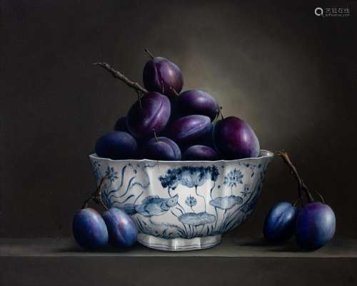 Ignace Bauwens, plums in a Chinese Xuande bowl, oil on panel...