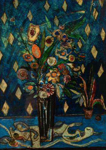 Floris Jespers (1889-1965), still life with flowers, églomis...