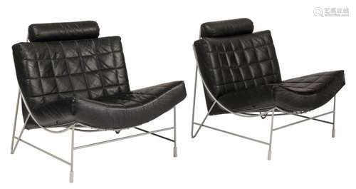 A pair of black leather 'Volare' chairs, designed by...