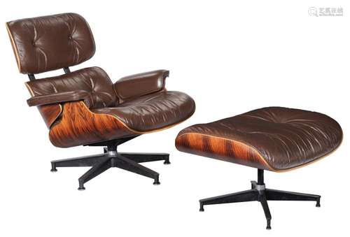 An Eames lounge chair with a matching ottoman, late 70s edit...