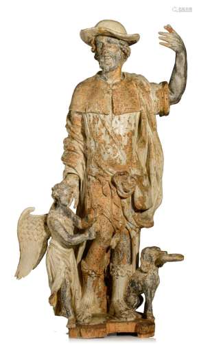 A limewood sculpture of Saint Rochus, accompanied by his dog...
