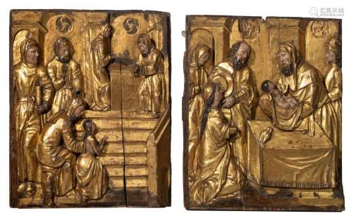 Two finely carved walnut retable fragments, depicting 't...