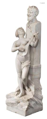 An imposing Carrara marble sculpture of a satyr and a nymph,...