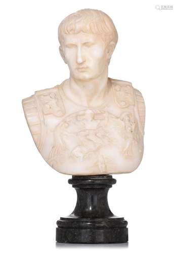 A Carrara marble bust of Caesar Augustus, presented on a gre...