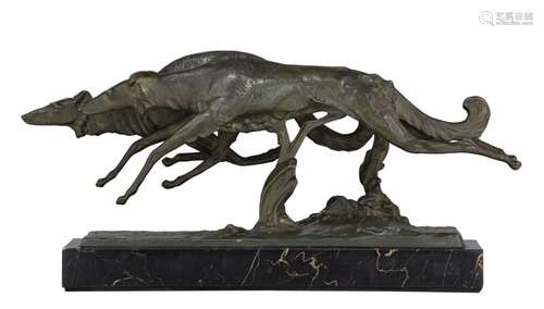 Indistinctly signed, racing greyhounds, green patinated bron...