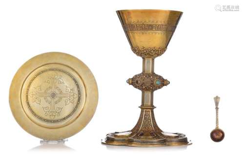 A silver, and gilt silver chalice with the matching paten, r...