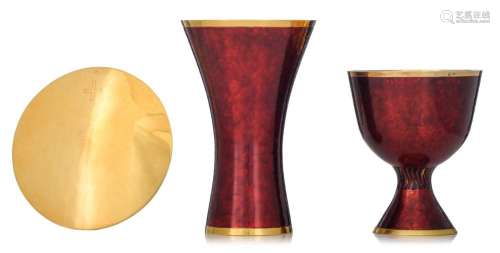 A high-quality 1950s gilt and red enamelled brass chalice an...