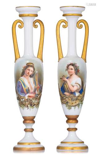 A fine pair of Neoclassical oblong opaline vases, polychrome...