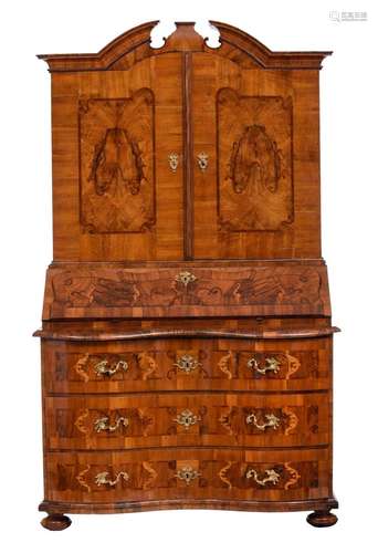 A very fine Rococo walnut bureau cabinet, mid 18thC, H 227 -...