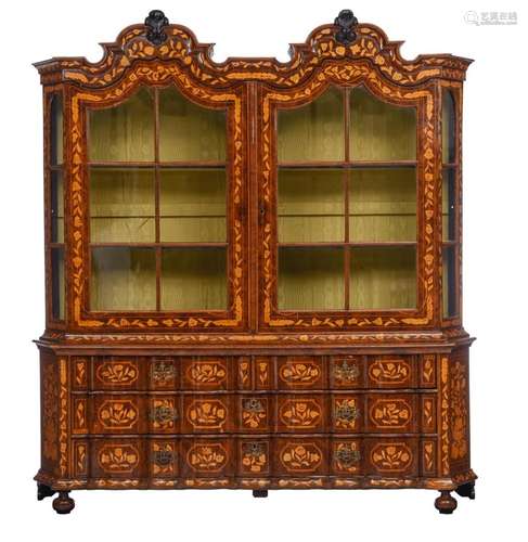 A large Dutch floral marquetry display cabinet, 18thC, H 230...