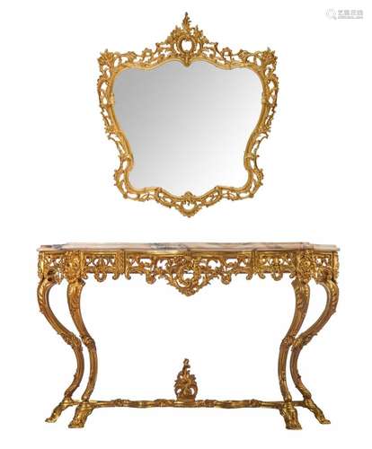 A large Rococo style gilt metal console table and mirror, H ...