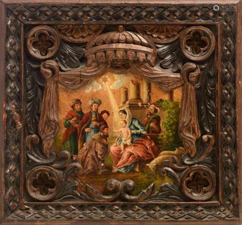A fine and charming carved wooden tabernacle door, the paint...