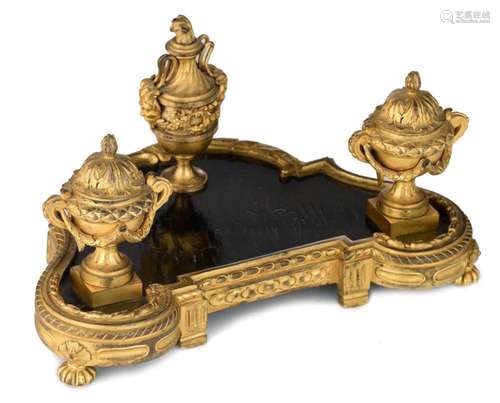 A fine French Louis XVI period gilt bronze inkwell set, H 15...