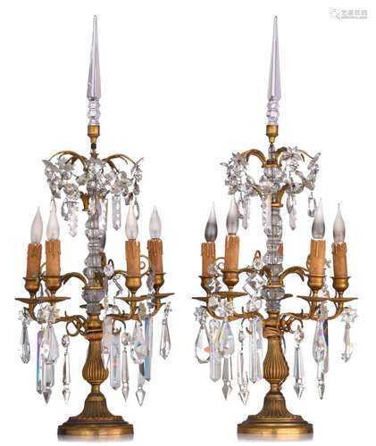 A pair of Neoclassical gilt brass and cut glass girandoles, ...