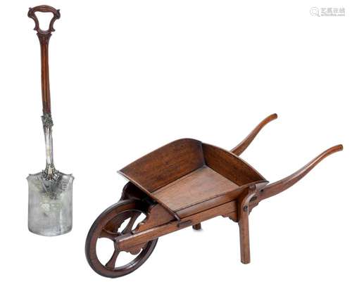 A commemorative oak silver-plated mounted wheelbarrow and sh...