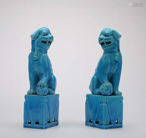 A pair of blue glazed lion