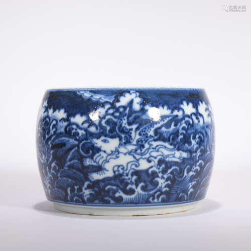 A blue and white 'beast' jar and cover