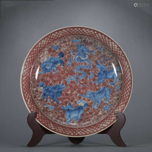 An underglaze-blue and copper-red dish