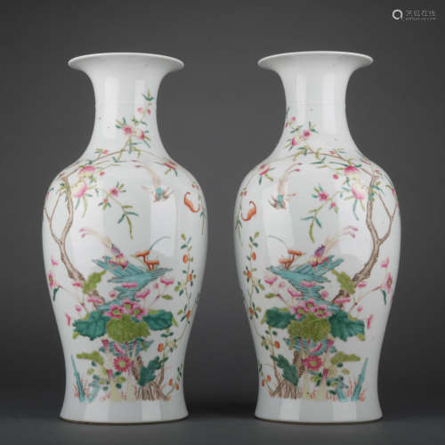 A pair of famille-rose 'floral and birds' vase