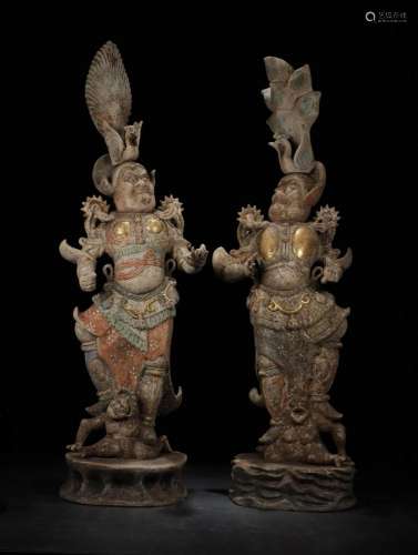A Pair of Gilt Gold Heavenly King Statues