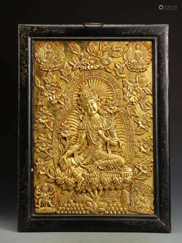 A Framed Gilt Bronze Thangka