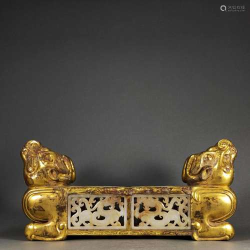 A Gilt Gold with Jade Inaly Pillow Shaped Ornament