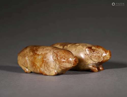 Two Carved Jade Piglet Ornaments