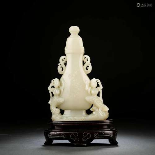 Carved White Jade Apsaras Vase